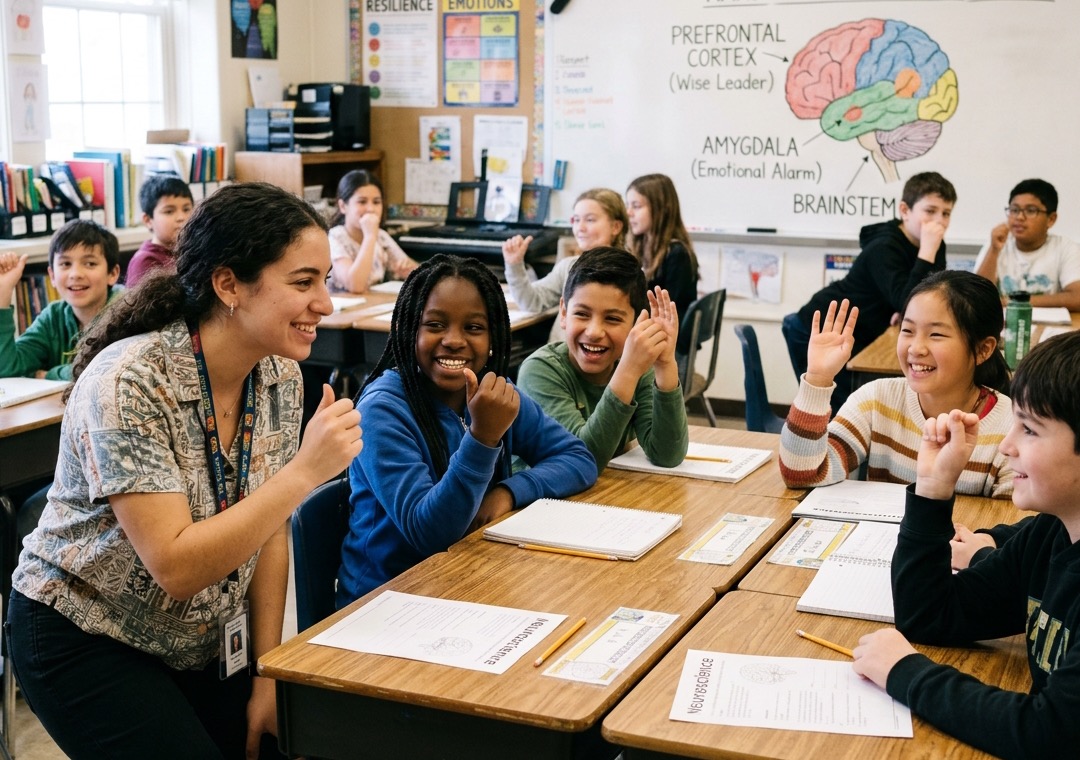 Facilitator leading an interactive classroom workshop for students