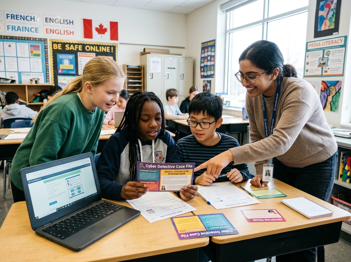 Students and facilitator examining a Cyber Detective Case File in a Canadian classroom
